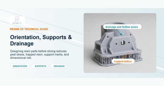 Resine-3D technical guide banner for resin print orientation, supports, and drainage